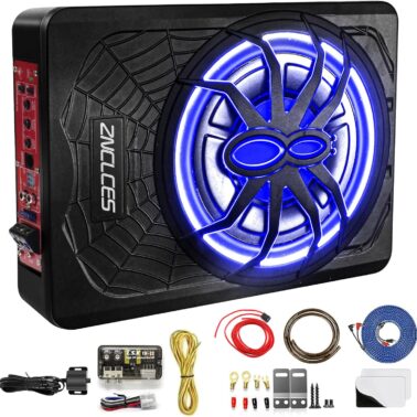 Znclces 2025 Upgraded 10" 1200W Slim Under Seat Powered Car Subwoofer, Car/Truck Sub Built in Amplifier for Outstanding Heat Dissipation, Powerful bass and Blue LED (Blue Light)
